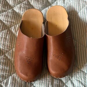 Brown Leather Slip-On Clogs